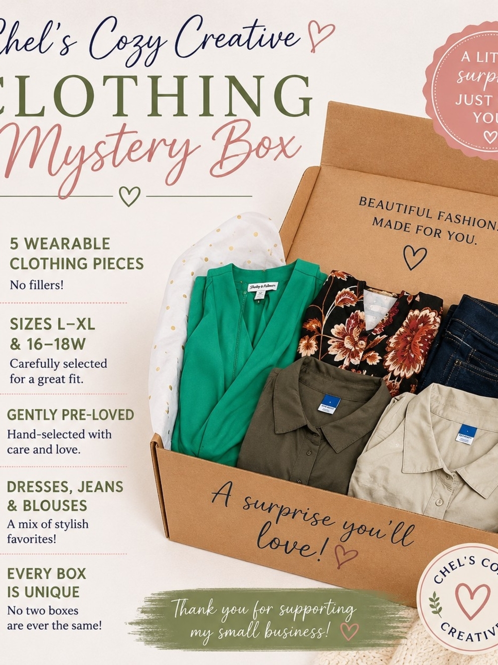 Chel's Cozy Creative Boutique Clothing Bundle – 5 Pieces (L–XL & 16–18W)